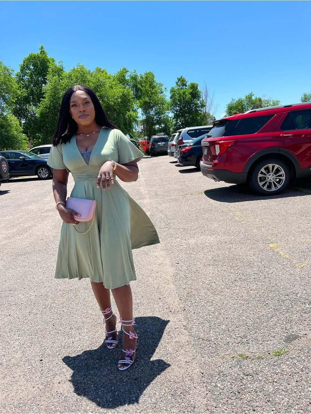 Elegant Olive Green V-Neck Midi Dress